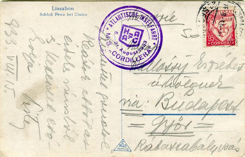 0218.jpg -     Lote:    218      Colecção "Os Lusíadas"             Descrição:         1931/38 &mdash; Lusíadas. Correio de bordo. Sobrescrito lançado a bordo do paquete CORDILLERA da Hapag, circulado de Lisboa (16.08.33) para Budapest com selo de 95c carmim CE545. Carimbo batido a violeta "ATLANTISCHE INSELFAHRT / HAPAG / M.S. CORDILLERA / 8-31 AUGUST 1933".        PI       Valor Base:     &euro; 100,00     Valor Venda:     &euro; 100,00     