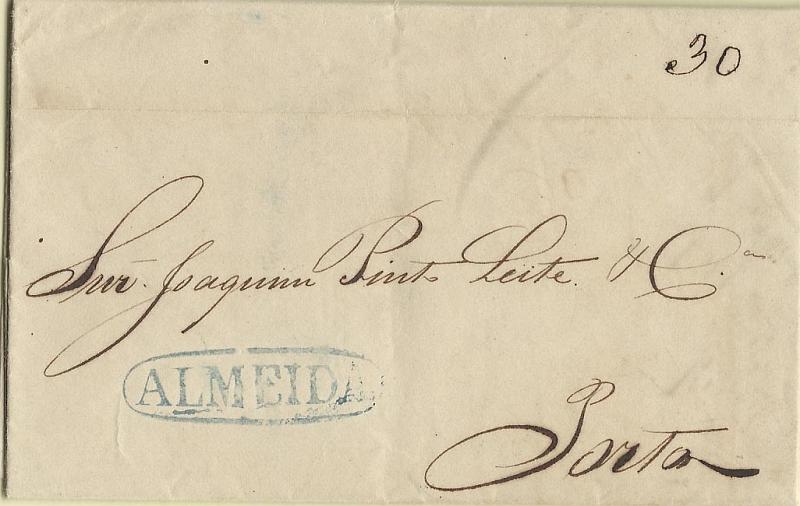 0230.jpg -     Lote:    230            Portugal        Descrição:      Almeida   &mdash; A azul, GM ALD2 em carta datada de Almeida (30.05.1841) para o Porto com o porte manuscrito a sépia de 30 reis.        Carta       Valor Base:     &euro; 10,00     Valor Venda:     &euro; 10,00     