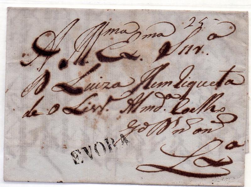 0249.jpg -     Lote:    249            Portugal        Descrição:      Évora   &mdash; A preto, GM EVR em carta datada de Évora (11.01.16) para Lisboa, com o porte de 25 reis manuscrito a sépia. B.        Carta       Valor Base:     &euro; 14,00     Valor Venda:     Retirado     