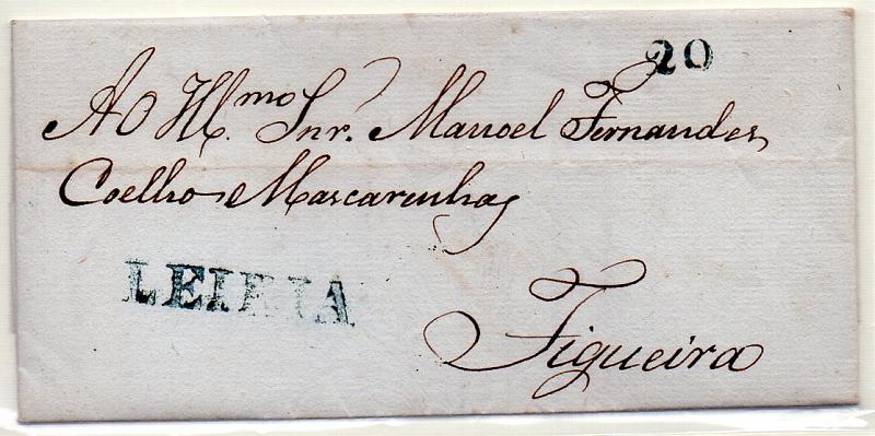 0259.jpg -     Lote:    259            Portugal        Descrição:      Leiria   &mdash; A verde, GM LRA4 em carta datada da Marinha Grande (14.11.1834) para a Figueira, com o porte de 20 reis batido a verde. MB e R.        Carta       Valor Base:     &euro; 20,00     Valor Venda:     &euro; 20,00     