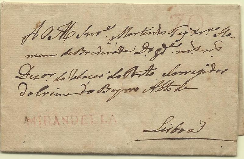 0271.jpg -     Lote:    271            Portugal        Descrição:      Mirandella   &mdash; A vermelho, GM MDL2 em carta datada de Mirandela (17.03.1829) para Lisboa (20.03.29) com o porte de 70 reis batido a vermelho.        Carta       Valor Base:     &euro; 10,00     Valor Venda:     &euro; 10,00     