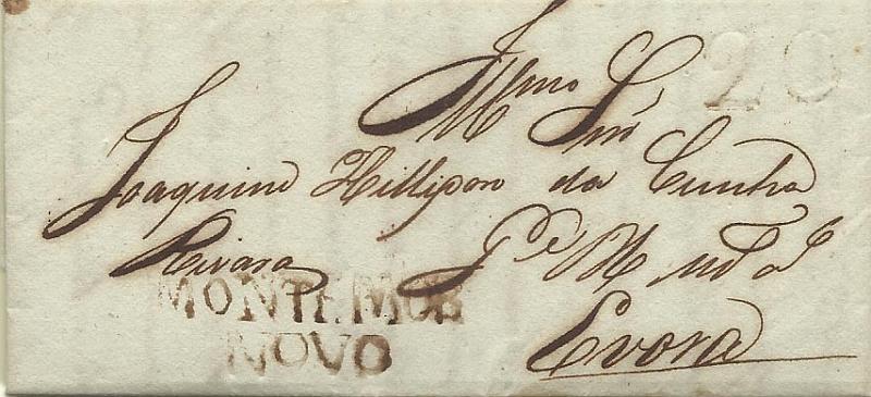 0275.jpg -     Lote:    275            Portugal        Descrição:      Montemor-o Novo   &mdash; A sépia, GM MMN3 em carta datada de Montemor (25.04.1838) para Évora com o porte de 2º reis batido a sépia.        Carta       Valor Base:     &euro; 40,00     Valor Venda:     &euro; 90,00     