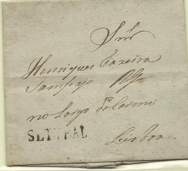 0291.jpg -     Lote:    291            Portugal        Descrição:      Setúbal * Setúbal / Porte Pago   &mdash; A sépia, GM STB2 * STB PP2, em carta datada de Setúbal (16.12.1810) para Lisboa com o porte pago. No verso carimbo mal batido a sépia do porte pago. Inscrição manuscrita "Pg" a sépia.        Carta       Valor Base:     &euro; 100,00     Valor Venda:     Retirado     