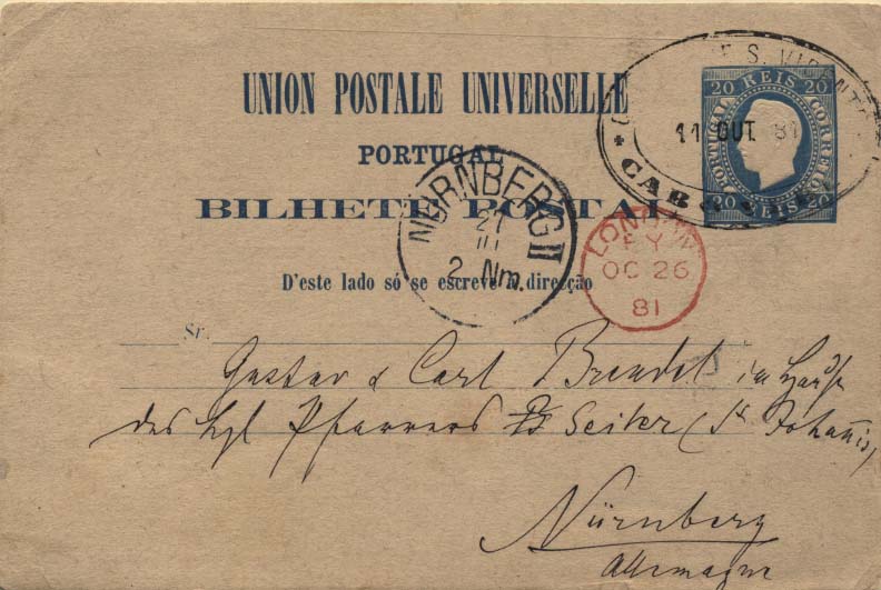 0469.jpg -     Lote:    469            Portugal       Descrição:         1879 &mdash; D. Luís I. Fita direita. Impressão em relevo. OM4c (cunho I a; 9 mm), 20 reis azul. Inteiro circulado de Cabo Verde (11.10.81) para a Alemanha * Nuremberg (27.10.81) com trânsito por Londres (26.10.81). Todas as marcas batidas na frente. Bem conservado. São raros os exemplares conhecidos circulados de Cabo Verde, como inteiros de recurso por nessa data ainda não terem sido emitidos inteiros para as colónias. MB e MR.        IC       Valor Base:     &euro; 250,00     Valor Venda:     &euro; 420,00     