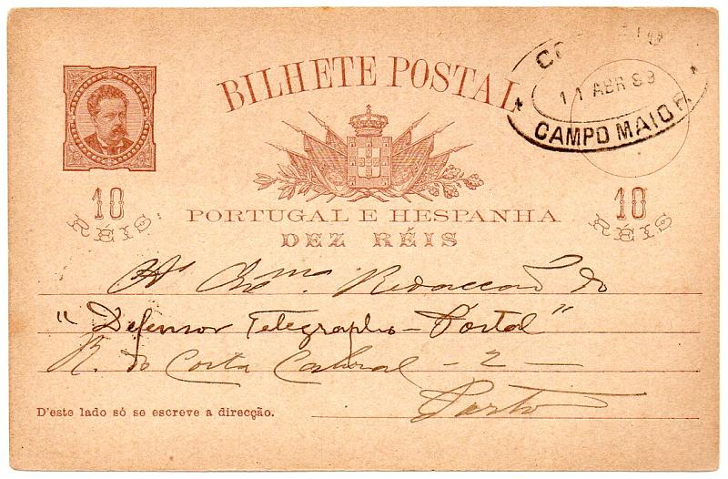 0477.jpg -     Lote:    477            Portugal       Descrição:         1884/87 &mdash; D. Luís I de frente. OM9, 10 reis castanho vermelho sobre cartolina camurça (quadrícula no verso), circulado de Campo Maior (11.04.89) para o Porto (12.04.89). Carimbo de dupla oval batido a preto de CAMPO MAIOR.        IC       Valor Base:     &euro; 20,00     Valor Venda:     &euro; 22,00     