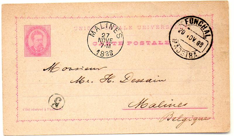 0484.jpg -     Lote:    484            Portugal       Descrição:         1884/87 - D. Luís I de frente. OM10, 20 reis rosa, circulado do Funchal (20.11.88) para Malines (27.11.88).         IC       Valor Base:     &euro; 12,00     Valor Venda:     Retirado     