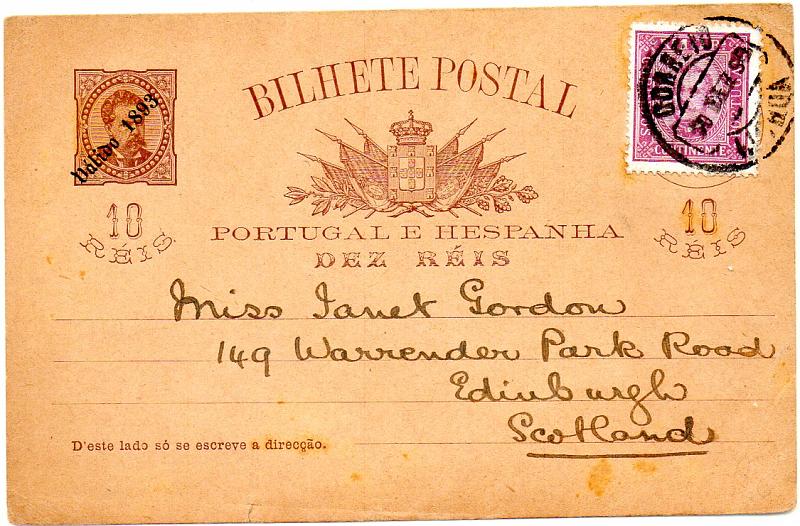 0489.jpg -     Lote:    489            Portugal       Descrição:         1893 &mdash; D. Luís I de frente, com sobrecarga "Válido 1893". OM19, 10 reis castanho vermelho, circulado do Porto (20.12.93) para Londres com selo adicional de 10 reis CE69, denteado 13 &frac12;.        IC       Valor Base:     &euro; 20,00     Valor Venda:     Retirado     