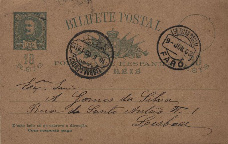0494.jpg -     Lote:    494            Portugal       Descrição:         1896 &mdash; D. Carlos I tipo Mouchon. OM26, 10+10 reis verde escuro sobre cartolina camurça, circulado de Faro (09.06.03) para Lisboa (10.06.03). Resposta não utilizada.         IC       Valor Base:     &euro; 10,00     Valor Venda:     &euro; 10,00     