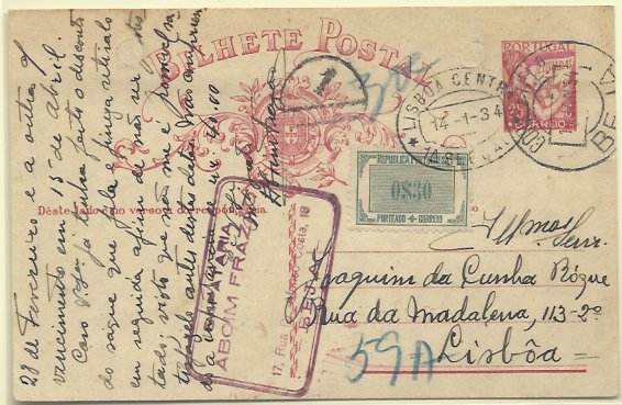 0498.jpg -     Lote:    498            Portugal       Descrição:         1931 &mdash; Lusíadas. OM80, 25c carmim s/ cartolina creme, circulado com insuficiência de franquia de Beja (14.01.34) para Lisboa (14.01.34). Por se terem utilizado áreas não reservadas à correspondência foi porteado como carta. Selo tipo Etiqueta de $30 CE POR48. Furos de arquivo reparados.        IC       Valor Base:     &euro; 10,00     Valor Venda:     Retirado     