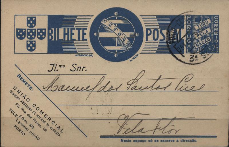0499.jpg -     Lote:    499            Portugal       Descrição:         1936/39 &mdash; Tudo pela Nação. OM83, 25c azul, com traço oblíquo. Lote de 3 inteiros circulados repicados pela "UNIÃO COMERCIAL, "COMPANHIA PORTUGUESA DE TABACOS" e "J. A. OLIVEIRA, SUCRS".        IC       Valor Base:     &euro; 8,00     Valor Venda:     &euro; 8,00     