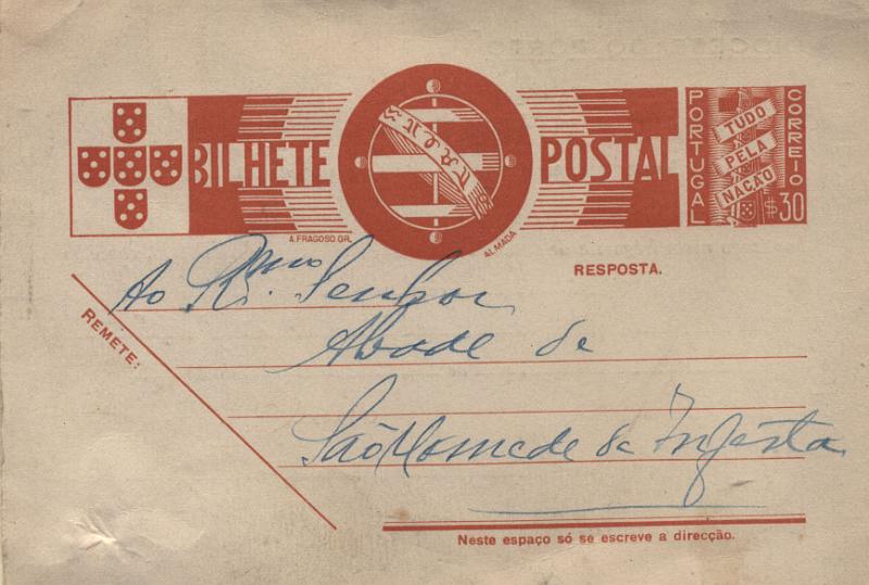 0503.jpg -     Lote:    503            Portugal       Descrição:         194&frac14;2 &mdash; Tudo pela Nação. OM95, $30+$30. 2.ª Folha circulada do Porto para São Mamede de Infesta. Repicado pela DIOCESE DO PORTO.        IC       Valor Base:     &euro; 5,00     Valor Venda:     &euro; 10,00     