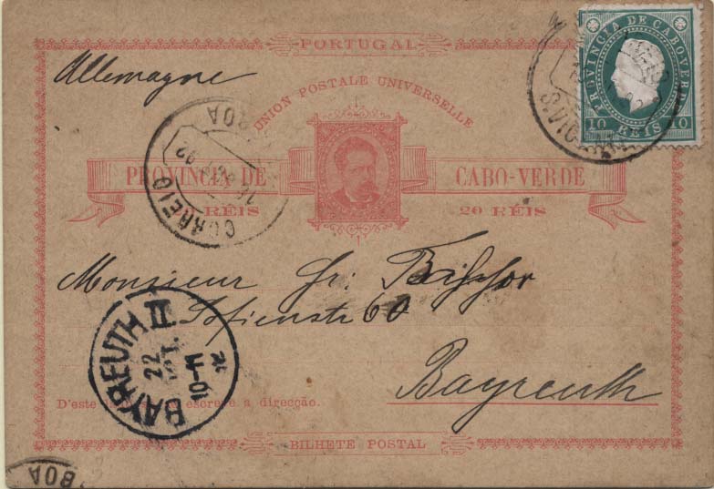 0521.jpg -     Lote:    521            Cabo Verde       Descrição:         1886 &mdash; D. Luís I. OM2, 20 reis rosa sobre cartolina camurça. Circulado de S. Vicente (10.10.92) para a Alemanha (22.10.14) com trânsito por Lisboa (18.10.92), com selo adicional de 10 reis D. Luís I, denteado 13 &frac12;, CE16.        IC       Valor Base:     &euro; 70,00     Valor Venda:     Retirado     
