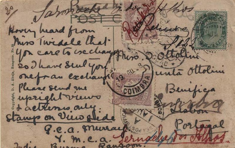0539.jpg -     Lote:    539            Portugal       Descrição:         Porteado. 1904 &mdash; Emissão regular. Valores em reis. Postal ilustrado circulado de Burma (02.07.08) para Lisboa e reexpedido para Coimbra (19.08.08) e novamente reexpedido para Sernache dos Alhos. Em Coimbra foi porteado com selo de 20 reis CE POR9 + selo de 20 reis pela reexpedição para Sernache dos Alhos. Obliteração manuscrita a preto de "SERNACHE DOS ALHOS". MB e MR.         PI       Valor Base:     &euro; 40,00     Valor Venda:     &euro; 40,00     