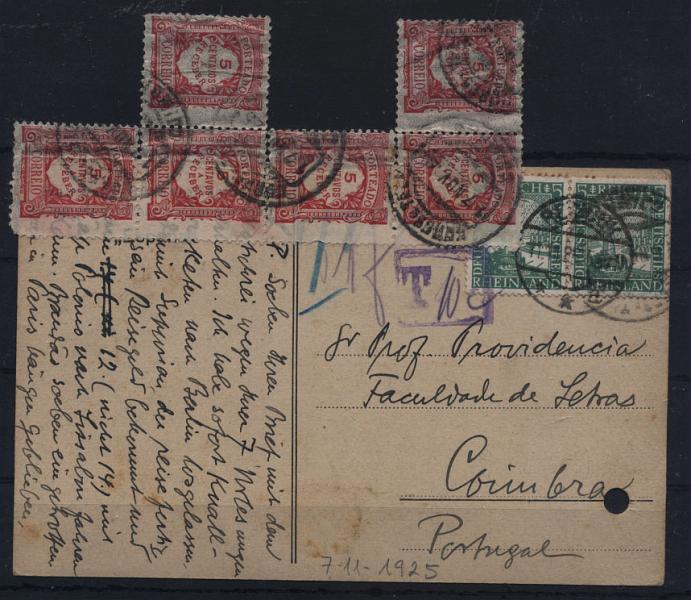 0540.jpg -     Lote:    540            Portugal       Descrição:         Porteado * 1915 &mdash; Emissão regular. Valor em centavos. Postal ilustrado circulado da Finlândia com insuficiência de franquia, por ter sido considerado como carta (utilizados espaços não destinados à correspondência). Foi porteado em 30c com 6 selos de 5c carmim rosa CE POR26.        PI       Valor Base:     &euro; 15,00     Valor Venda:     Retirado     