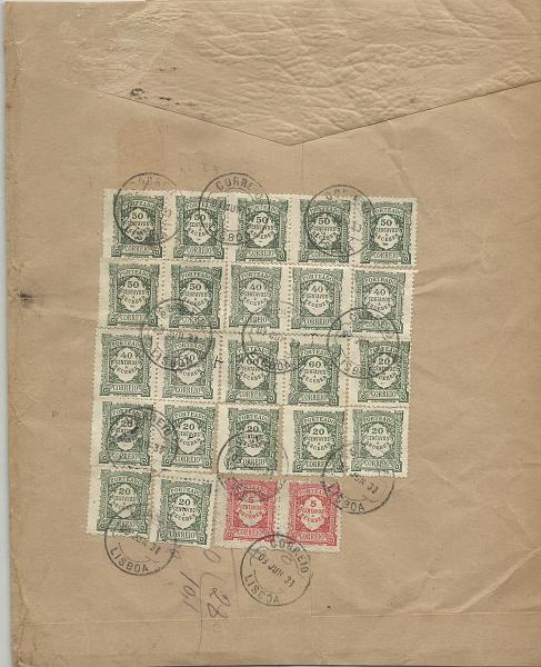0542.jpg -     Lote:    542            Portugal       Descrição:         Porteado * 1915/1933 &mdash; Emissão Regular + Emissão Regular (Unicolor) + tipo Etiqueta. Dois sobrescritos circulados de Londres com insuficiência de franquia e porteado som o dobro do porte em falta; um com 7x50C CE40 + 5x40C CE38 + 2x60C CE41, 7x20C CE34 e 2x5C CE26 = 8$40 e outro com 1x60C CE41, 2x1$20 CE44, 1x0$10 CE40 e 1x0$40 CE49 = 3$50. Lote a ver.        Carta       Valor Base:     &euro; 25,00     Valor Venda:     Retirado     
