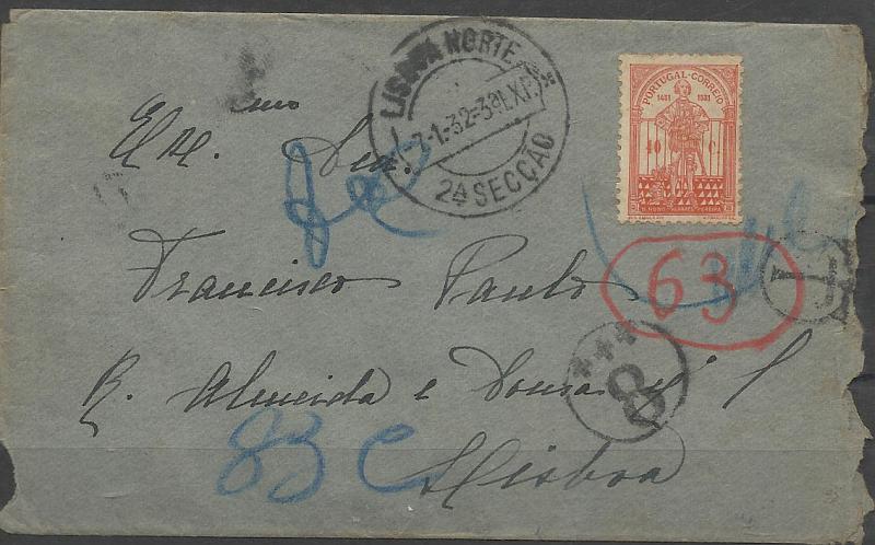 0543.jpg -     Lote:    543            Portugal       Descrição:         Porteados. 1931 &mdash; 5.º Centenário da Morte de Nuno Alvares Pereira. CE539, 40c laranja em carta circulada em Lisboa (07.01.32). O selo foi retirado de circulação a 31.12.1931, pelo que foi considerado nulo tendo sido porteado com o dobro do porte em falta com selos de 32c e 48c CE POR36 e 39.        Carta       Valor Base:     &euro; 8,00     Valor Venda:     Retirado     