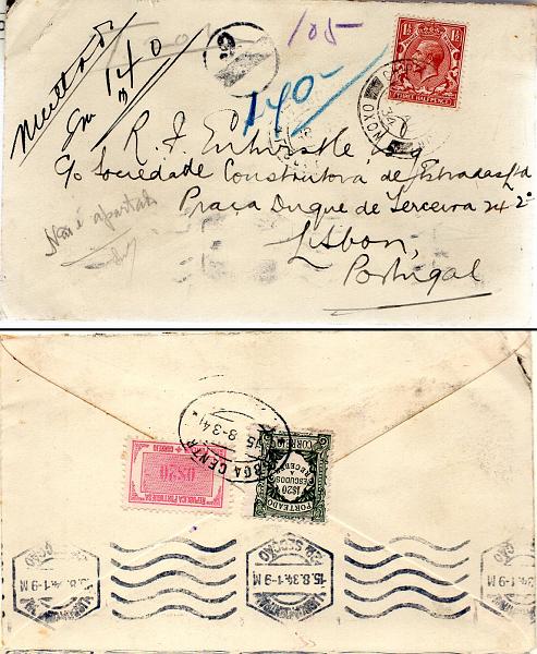 0547.jpg -     Lote:    547            Portugal       Descrição:         Porteado * 1922/33 &mdash; Emissão Regular (Unicolor) + tipo "Etiqueta". Sobrescrito circulado de Inglaterra (11.08.34) para Lisboa (15.08.34) com insuficiência de franquia. Foi porteado com o dobro do porte em falta com selos de 1$20 CE POR44 e 0$20 CE POR47. MB.        Carta       Valor Base:     &euro; 12,00     Valor Venda:     &euro; 14,00     