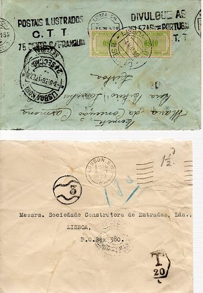 0548.jpg -     Lote:    548            Portugal       Descrição:         Porteado * 1933 - Tipo Etiqueta. Lote de 2 sobrescritos insuficientemente franquiados e porteados com selos de diversas taxas. Lote a ver.        Lote       Valor Base:     &euro; 12,00     Valor Venda:     Retirado     
