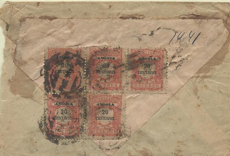 0549.jpg -     Lote:    549            Angola       Descrição:         Porteados. 1921 &mdash; Emissão regular, com valor em centavos. Sobrescrito circulado para Luanda (23.09.46) com selo "NULO". Foi porteada com o dobro do porte com 5 selos de 20c carmim CE POR29. Carta com manchas.        Carta       Valor Base:     &euro; 20,00     Valor Venda:     Retirado     