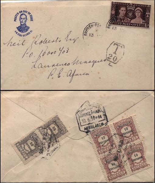 0550.jpg -     Lote:    550            Moçambique       Descrição:         Porteado. 1917 &mdash; Emissão regular. Valor em centavos. Sobrescrito circulado da concessão inglesa em Tanger (13.05.37) para Lourenço Marques (10.06.37) onde entrou pela Ambulância Ferroviária. Insuficientemente franquiada foi porteada em 1$40 &mdash; 4 selos de 10c CE POR37 e 2 selos de 50c CE POR40. MB e R.        Carta       Valor Base:     &euro; 60,00     Valor Venda:     &euro; 85,00     