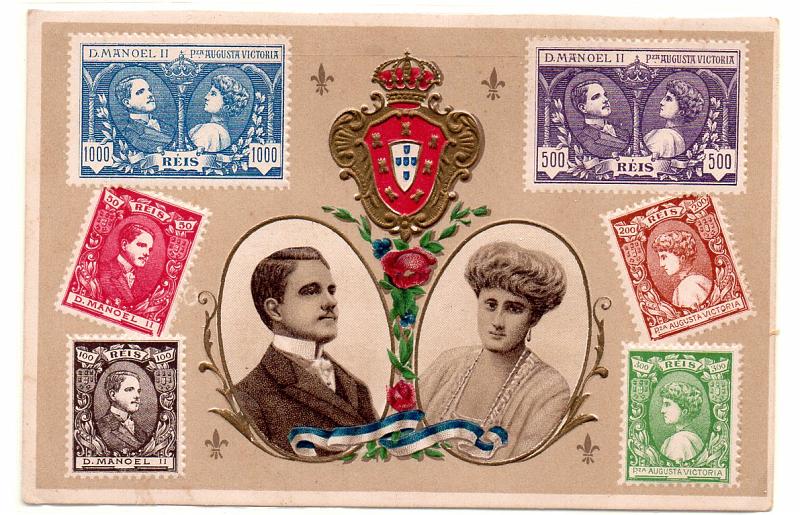 0602.jpg -     Lote:    602                   Descrição:         D. Manuel II e esposa D. Augusta Vitória + selos da monarquia. Postal em relevo. Novo.        PI       Valor Base:     &euro; 8,00     Valor Venda:     &euro; 8,00     