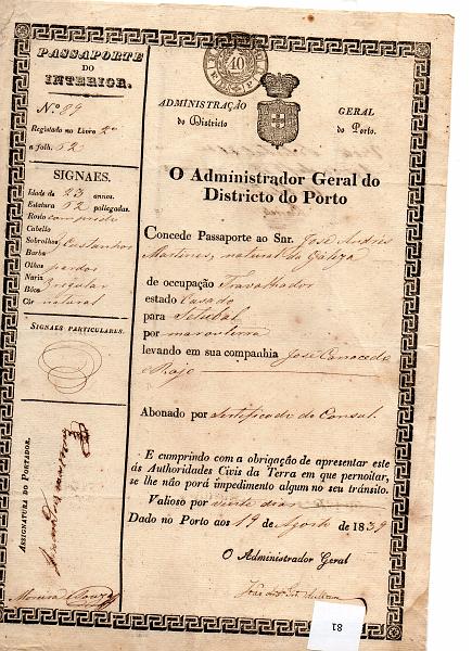 0637.jpg -     Lote:    637            Fiscais        Descrição:         Fiscais. Passaporte de 1839, em papel com STO circular, preto, "Credito Publico" de 40 Reis, passado pela "Administração Geral do Districto do Porto".        DOC       Valor Base:     &euro; 25,00     Valor Venda:     &euro; 35,00     