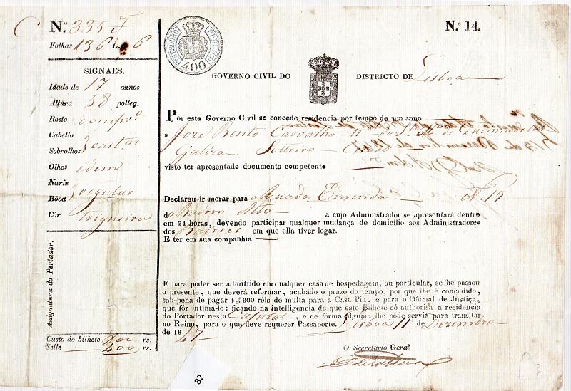 0638.jpg -     Lote:    638            Fiscais        Descrição:         Fiscais. Passaporte de 1847, em papel com STO circular preto e azul, "Thesouro Publico" de 400 reis, passado pelo "Governo Civil do Districto de Lisboa" com selo branco de identificação.        DOC       Valor Base:     &euro; 25,00     Valor Venda:     Retirado     