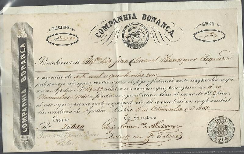 0639.jpg -     Lote:    639            Fiscais        Descrição:         Fiscais. 1863 - Lote composto por dois  recibos da Companhia de Seguros Bonança, selados com STO de 20 reis impresso nos documentos.        DOC       Valor Base:     &euro; 10,00     Valor Venda:     &euro; 14,00     