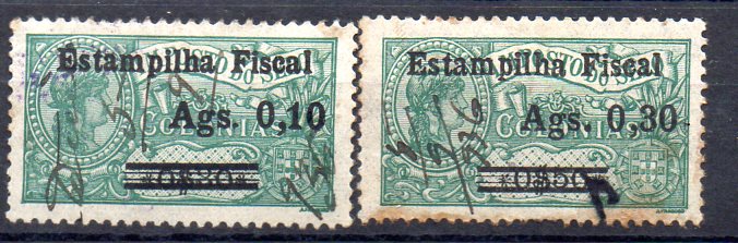 0645.jpg -     Lote:    645            Fiscais        Descrição:         Fiscais. Angola. 1932 &mdash; República. Estampilhas de África com sobrecarga "Estampilha Fiscal" e sobretaxa. PB102, Ags 0,10 s/ 0$30 + Ags. 0,30 s/ 0$50 (não catalogado).        O       Valor Base:     &euro; 8,00     Valor Venda:     &euro; 10,00     