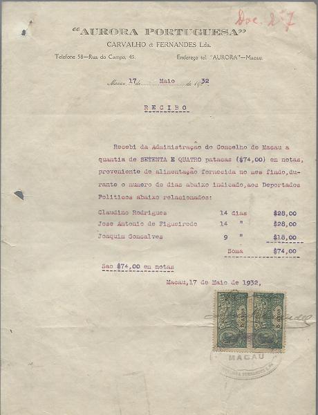 0651.jpg -     Lote:    651            Fiscais        Descrição:         Fiscais. 1917 &mdash; República. Recibo datado de 17.05.32, selado com dois selos de 5 avos verde PB228.        *       Valor Base:     &euro; 20,00     Valor Venda:     Retirado     