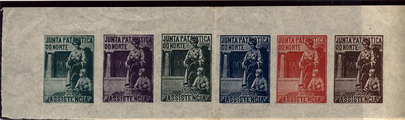 0662.jpg -     Lote:    662            Vinhetas       Descrição:         Vinhetas. Junta Patriótica do Norte. Tira horizontal com seis provas não denteadas, nas cores verde, violeta, verde-oliva, azul, vermelha e castanha. Sem impressão dos valores. MB e R.        PRV       Valor Base:     &euro; 20,00     Valor Venda:     &euro; 90,00     