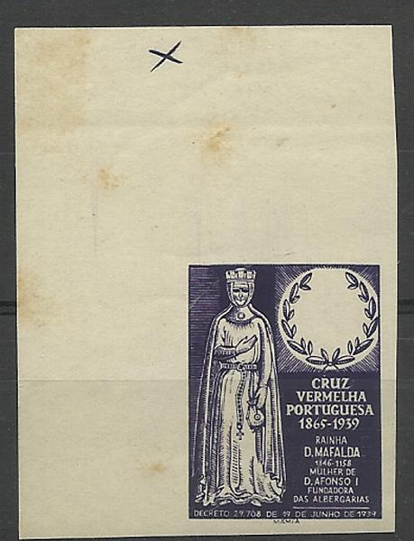 0663.jpg -     Lote:    663            Vinhetas       Descrição:         Vinhetas. 1939 - Cruz Vermelha Portuguesa * Rainhas (D. Mafalda). Prova em violeta não denteada. R.        PRV       Valor Base:     &euro; 8,00     Valor Venda:     &euro; 16,00     