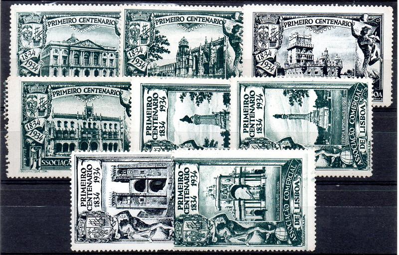 0664.jpg -     Lote:    664            Vinhetas       Descrição:         Vinhetas. Primeiro Centenário da Associação Comercial de Lisboa (1834-1934). Lote de 8 vinhetas com diferentes monumentos de Lisboa. MB.        ***       Valor Base:     &euro; 8,00     Valor Venda:     &euro; 8,00     