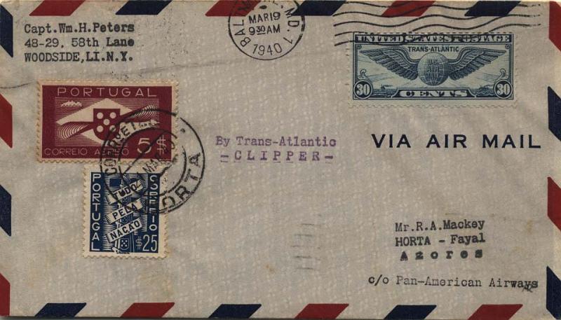 0674.jpg -     Lote:    674      Correio Aéreo      Portugal       Descrição:         1940 (19.03) &mdash; Pelo Yankee Clipper. Sobrescrito remetido de Baltimore (19.03.40) para a Horta (21.03.40) e devolvida ao remetente com nova franquia  de 5$25, composta por selos de 5$00 CE CA6 e $25 CE570 num total de 5$25 de acordo com a tabela em vigor em 01.01.40 aprovada pela circular n.º 267 de 14.12.39 &mdash; Regime extra-europeu. Marca batida a violeta "By Trans-Atlantic / - CLIPPER &mdash;".        Aéreo       Valor Base:     &euro; 10,00     Valor Venda:     Retirado     