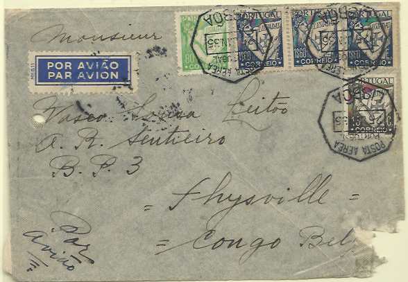 0676.jpg -     Lote:    676      Correio Aéreo      Portugal       Descrição:         1935 &mdash; Lisboa / África pela Imperial Airways. Sobrescrito circulado por via aérea de Lisboa (26.01.35) para Thysville / Congo Belga (04.03.35) com trânsito por Paris (31.01.35), Juba (07.02.35), Aba (13.02.35) e Leopoldville (16.02.35). Franqueada com 5$75 em selos tipo Lusíadas (3x1$60 + 80c + 15c) correspondente a: 4$00 pelo 1.º porte da sobretaxa aérea e 1$75 pelo 1.º porte do correio ordinário. Defeitos.        Aéreo       Valor Base:     &euro; 20,00     Valor Venda:     Retirado     