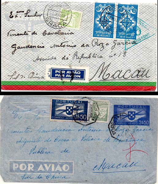 0677.jpg -     Lote:    677      Correio Aéreo      Portugal       Descrição:         1939 &mdash; Tipo Hélice. Sobrescritos de Correio Aéreo. OM1, 3$50 azul. Circulado com selos adicionais CE544 e CE CA1, de Lisboa para Macau (22.11.40) com trânsito por Hong Kong (23.11.40).        Aéreo       Valor Base:     &euro; 15,00     Valor Venda:     &euro; 26,00     
