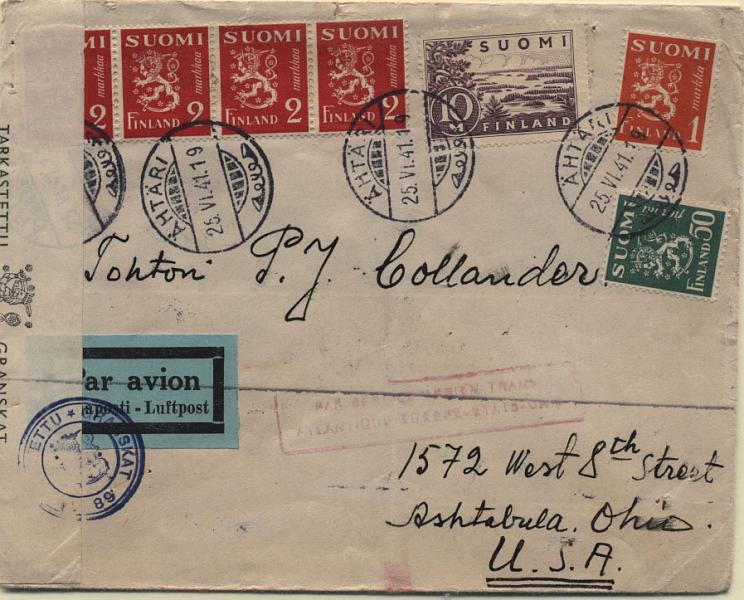 0681.jpg -     Lote:    681      Correio Aéreo      Portugal       Descrição:         1941 &mdash; Correio aéreo. Lisboa como ponto de enlace. Sobrescrito circulado de Ahtan / Finlândia (25.06.41) para os EUA, com trânsito por Lisboa (03.07.41). Censurada na Finlândia. MB e R.        Aéreo       Valor Base:     &euro; 25,00     Valor Venda:     Retirado     