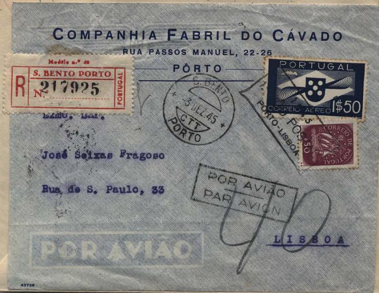 0684.jpg -     Lote:    684      Correio Aéreo      Portugal       Descrição:         1945 (03.12) &mdash; 1.º Voo Porto-Lisboa e Lisbos-Porto. Lote de duas cartas circuladas cada uma num dos sentidos.        Aéreo       Valor Base:     &euro; 8,00     Valor Venda:     &euro; 14,00     