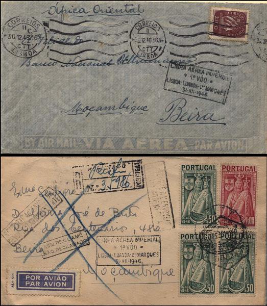 0685.jpg -     Lote:    685      Correio Aéreo      Portugal       Descrição:         1946 (30.12) &mdash; 1.º Voo da Linha Aérea Imperial. Lote de duas cartas circuladas no 1.º voo de Lisboa para Moçambique (Beira).        Aéreo       Valor Base:     &euro; 10,00     Valor Venda:     &euro; 10,00     