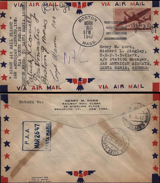 0686.jpg -     Lote:    686      Correio Aéreo      Portugal       Descrição:         1947 &mdash; FAM18 * 1.º Voo pela P.A.A. de Boston para Santa Maria. Sobrescrito circulado de Boston (25.03.47) para Santa Maria (26.03.47). Sobrescrito com as assinaturas da tripulação da aeronave.        Aéreo       Valor Base:     &euro; 15,00     Valor Venda:     Retirado     