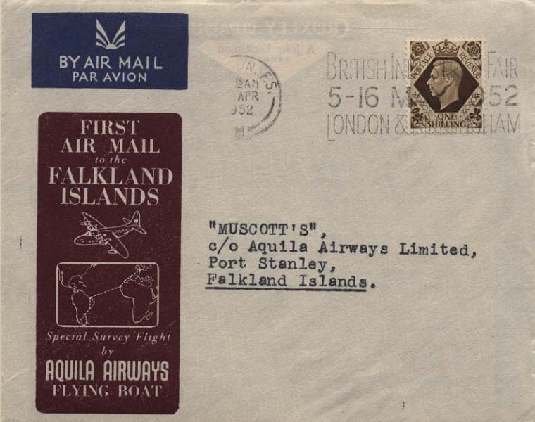 0687.jpg -     Lote:    687      Correio Aéreo      Portugal       Descrição:         1952 (21.04) &mdash; 1.º Voo Londres &mdash; Ilhas Falkland. Sobrescrito circulado de Londres (21.04.52) para Port Stanley (28.04.52) com escalas na Madeira e Cabo Verde.        Aéreo       Valor Base:     &euro; 12,00     Valor Venda:     Retirado     