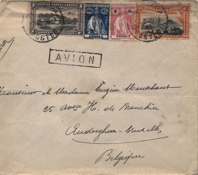 0688.jpg -     Lote:    688      Correio Aéreo      Angola       Descrição:         1929 (03.03) &mdash; Angola. Precursores do correio aéreo. Franquias mistas. Sobrescrito circulado do Dundo (03.03.29) para a Bélgica. Pagou o porte ordinário territorial de 1$60 em selos Ceres de 60c e 1E CE208, 210. No Congo Belga foi franquiado com 1F50 para pagamento da sobretaxa aérea. Selos obliterados com datador. Marca de recurso da estação do Dundo. B e R.        Aéreo       Valor Base:     &euro; 200,00     Valor Venda:     Retirado     
