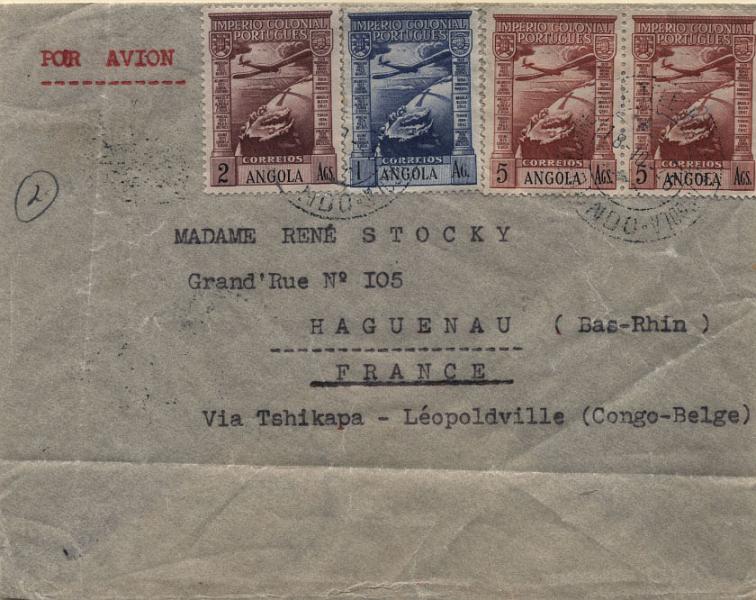 0689.jpg -     Lote:    689      Correio Aéreo      Angola       Descrição:         1938 &mdash; Correio Aéreo. Império Colonial Português. Sobrescrito circulado do Dundo (18.10.45) para França, via Tshikapa (22.10.45) e Leopoldville (23.10.45) pela SABENA, com selos de 1Ag, 2Ags e 2x5Ags CE CA4, 5 e 7 (sobretaxa aérea) + 3 selos de 60c CE267 (porte correio ordinário). B.        Aéreo       Valor Base:     &euro; 20,00     Valor Venda:     &euro; 20,00     