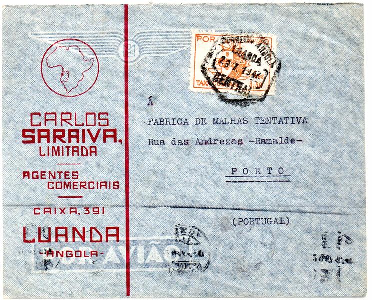 0690.jpg -     Lote:    690      Correio Aéreo      Angola       Descrição:         1947 &mdash; Correio Aéreo. Emblema dos CTT. Sobrescrito circulado por via aérea de Luanda (29.07.47) para o Porto (28.04.47) com vinheta do correio aéreo de 3,50 Ags, CE CA13. MB.        Aéreo       Valor Base:     &euro; 50,00     Valor Venda:     Retirado     