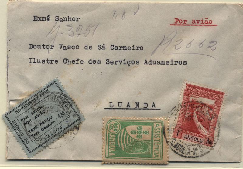 0695.jpg -     Lote:    695      Correio Aéreo      Angola       Descrição:         1945 &mdash; Sobretaxa do Correio Aéreo + Império Colonial Português + Assistência * Armas de Angola. Sobrescrito circulado registado de Benguela (23.07.45) para Luanda (23.07.45) com selos de 1Ag CE270, 0,50Ag CE IP5 e 1,80Ags CE SCA3. MB.        Aéreo       Valor Base:     &euro; 20,00     Valor Venda:     Retirado     