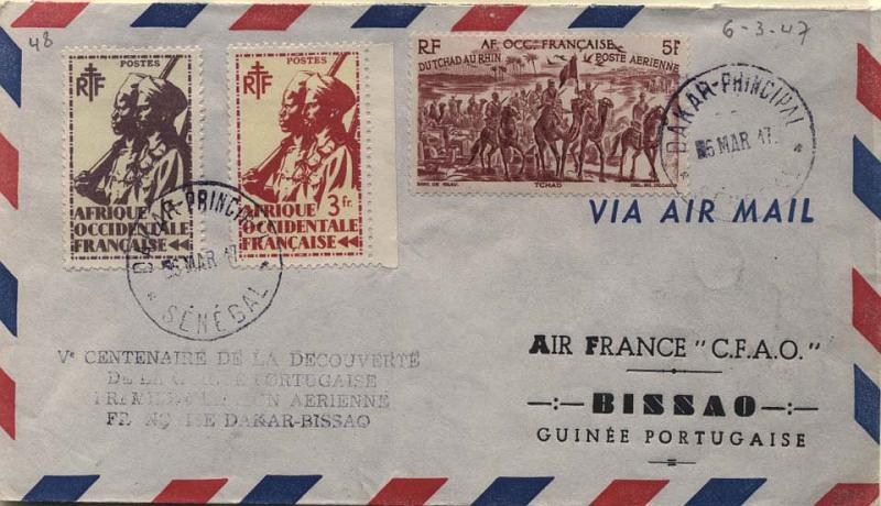 0697.jpg -     Lote:    697      Correio Aéreo      Guiné       Descrição:         1947 (06.03) &mdash; 1.º Voo Dakar &mdash; Bissau. Sobrescrito circulado de Dakar (06.03.47) para Bissau (07.03.47) no primeiro voo. Carimbo comemorativo da ligação batido a preto.        Aéreo       Valor Base:     &euro; 40,00     Valor Venda:     Retirado     