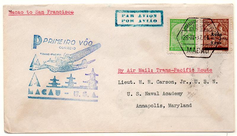 0698.jpg -     Lote:    698      Correio Aéreo      Macau       Descrição:         1937 (28.04) &mdash; 1.º Voo Macau / São Francisco (EUA). Sobrescrito circulado de Macau (28.04.37) para os EUA *Annapolia (06.05.37) com trânsito por S. Francisco (04.05.37) com selos de 3 Patacas verde esmeralda CE287 e de 5ª s/ 6ª castanho CE CA3.        Aéreo       Valor Base:     &euro; 25,00     Valor Venda:     Retirado     