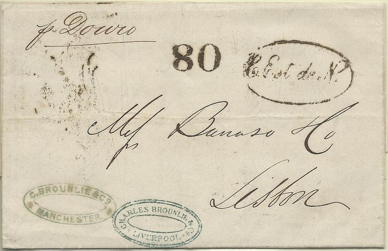 0713.jpg -     Lote:    713      Correio Marítimo      Portugal e Ilhas       Descrição:         Correio Marítimo. Carimbo "C. Est. de N.". Carta circulada de Manchester (18.12.61) para Lisboa (25.12.61), porteada em 80 reis batido a preto. Carimbo GM LSB CEst2 batido a preto. Manuscrito "p. Douro".        Carta       Valor Base:     &euro; 12,00     Valor Venda:     &euro; 12,00     