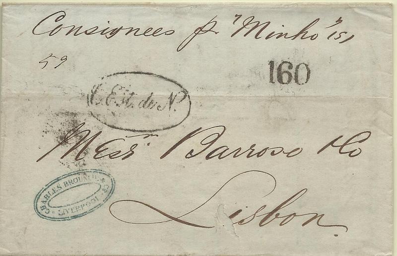 0714.jpg -     Lote:    714      Correio Marítimo      Portugal e Ilhas       Descrição:         Correio Marítimo. Carimbo "C. Est. de N.". Carta circulada de Liverpool (14.08.61) para Lisboa (20.08.61), porteada em 160 reis batido a preto. Carimbo GM LSB CEst2 batido a preto. Manuscrito "Consignees p. Minho".        Carta       Valor Base:     &euro; 12,00     Valor Venda:     &euro; 12,00     