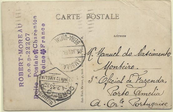 0740.jpg -     Lote:    740      Correio Ferroviário      Moçambique       Descrição:         Correio ferroviário &mdash; Postal ilustrado circulado de França para Porto Amélia (04.02.33). Carimbo circular batido a preto "AMBULÂNCIA / BEIRA UMTALI".        PI       Valor Base:     &euro; 10,00     Valor Venda:     Retirado     